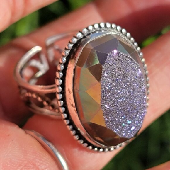 Designer Colleen Lopez purple flashy druzy 925 sterling silver heavy ring adjust - Picture 4 of 16
